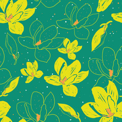 Seamless hand drawn floral pattern. Abstract yellow floral illustrations on green background.