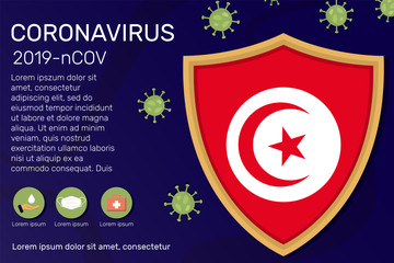 Shield covering and protecting of Tunisia. Conceptual banner, poster, advisory steps to follow during the outbreak of Covid-19, coronavirus. Do not panic stop corona virus together