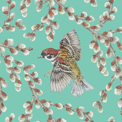 Seamless pattern with sparrow flying among willow twigs on tiffany background