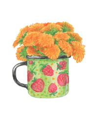 Dandelion bouquet in mug with berry pattern