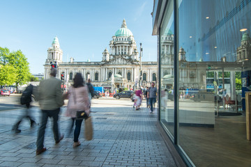 Belfast, Northern Ireland-  people walking  in the city centre - obrazy, fototapety, plakaty