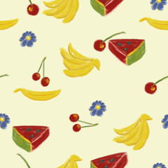 Seamless handdrawn crayons fruits pattern. Sliced watermelon, cherries, bananas and flower illustrations on light yellow background.