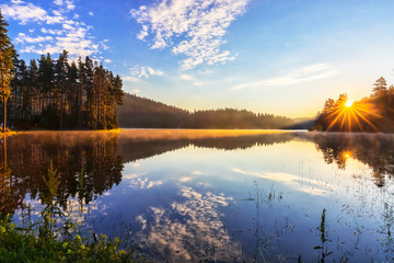 Sunrise at Shiroka polyana dam, West Rhodope mountains, Bulgaria
