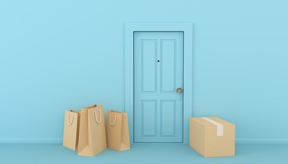 3d rendered illustration pf some parcels near the door,   door drop-off service to avoid contact