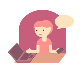 Young girl with laptop and smartphone at the workplace. Color vector flat isolated illustration.