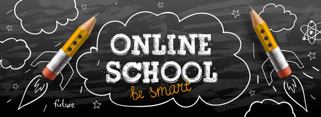 Online School. Digital internet tutorials and courses, online education, e-learning. Web banner template for website and mobile app development. Doodle style vector illustration.