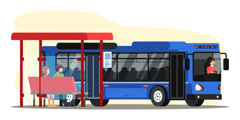 Vector character illustration people waiting bus - obrazy, fototapety, plakaty