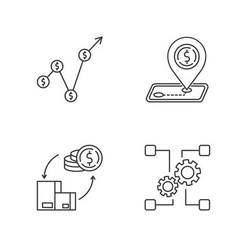Country economics pixel perfect linear icons set. Gross domestic product, tariffs and payments balance. Customizable thin line contour symbols. Isolated vector outline illustrations. Editable stroke