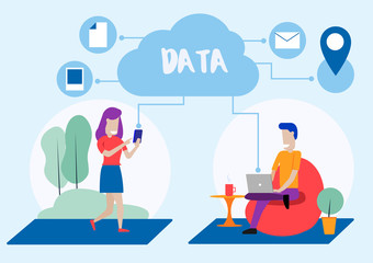 Flat Layer Cartoon of Man and Woman Using Laptop and Mobile Phone Upload and Download Data From Cloud Storage