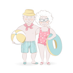 Elderly couple of tourists on the beach.Grandmother with a lifebuoy and grandfather with a ball.Vector illustration in a cartoon style.