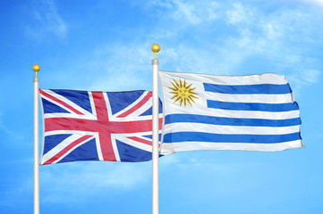 United Kingdom and Uruguay two flags on flagpoles and blue cloudy sky