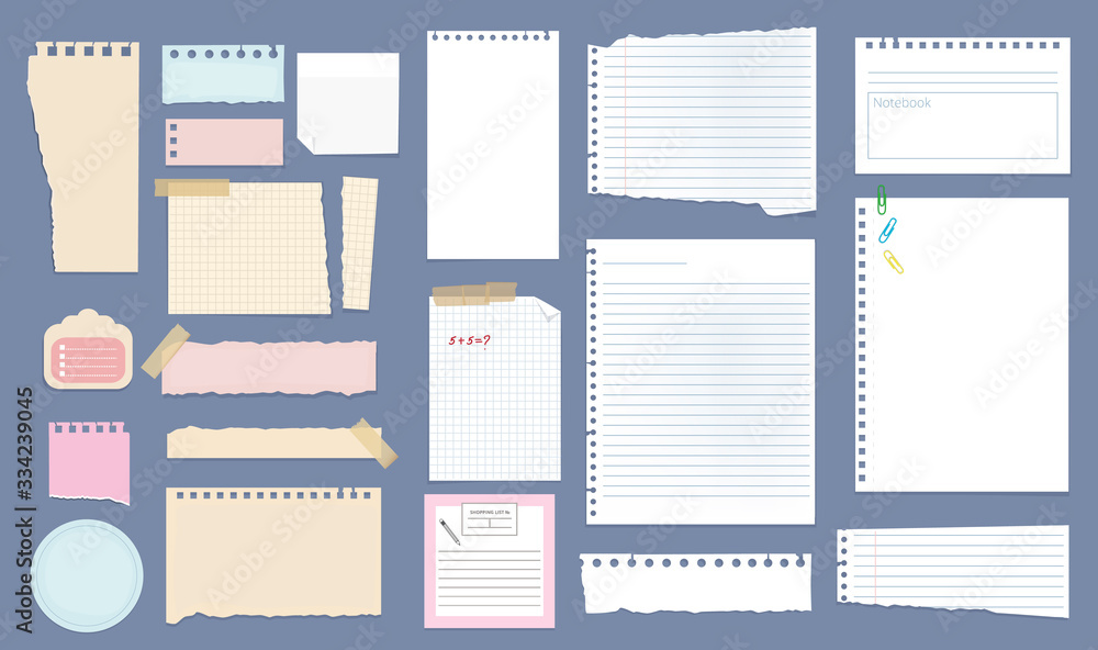 Poster paper notes. copybook linear pages lists of notebooks different sizes stripped notes vector. sheet p