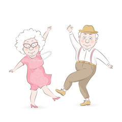 Old man and old woman dancing. Happy grandparents character design. Vector illustration in cartoon style.