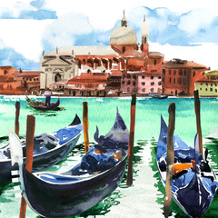 Venice cityscape view with anchored gondolas on the Grand canal in historic Venice, Venezia, Veneto, Italy, Europe, tourist attraction, romantic vacation, sunny day, hand drawn watercolor illustration © lnsdes