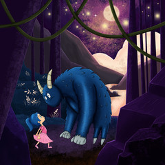 The children's book scene : The little brave girl standing strong in the wild forest with a monster in the dark.
