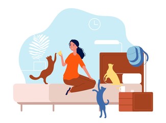 Cats with woman. Young girl with pets in bedroom. Home animals, kittens and female vector illustration. Cat in bedroom, character with kitten