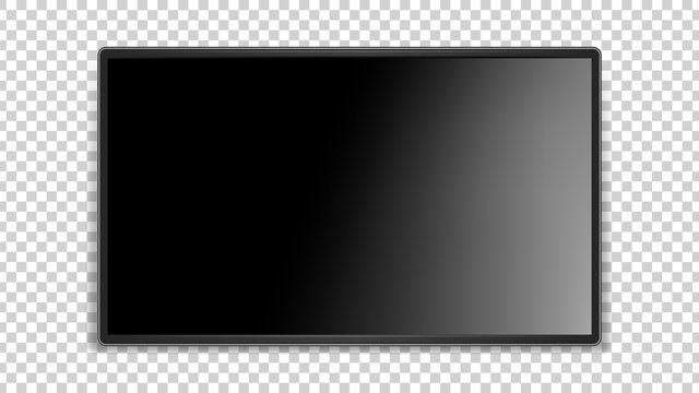 Black screen. Realistic glossy surface, dark thin LED TV. Blank television monitor vector mockup. Black plasma equipment, glossy monitor tv illustration