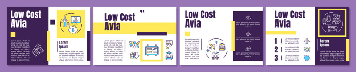 Low cost avia brochure template. Economy class travel, budget tourism flyer, booklet, leaflet print, cover design with linear icons. Vector layouts for magazines, annual reports, advertising posters