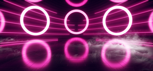 Smoke Sci Fi Futuristic Circles Donuts Purple Pink  Neon Podium Synthwave Tunnel Corridor Background Fashion Parking Warehouse Garage Underground Cement Arrows 3D REndering