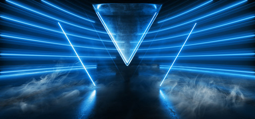 Smoke Sci Fi Futuristic Triangle Blue Neon Podium Synthwave Tunnel Corridor Background Fashion Parking Warehouse Garage Underground Cement Arrows 3D REndering © IM_VISUALS