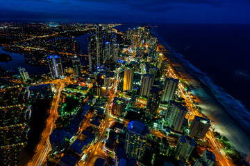 Fototapeta premium Surfers paradise Australia at night. Ariel view.