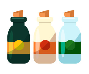 Color glass bottle with cork set isolated on white