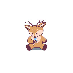 Cute deer is eating an ice cream. Flat cartoon isolated illustration, logo, icon. Useful for print, t-shirt, stickers.