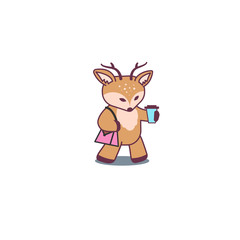 Cute deer standing with bag and coffee. Flat cartoon isolated illustration, logo, icon. Useful for print, t-shirt, stickers.