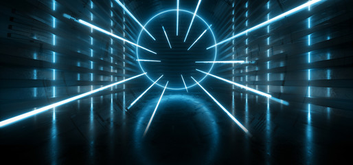 Neon Glowing Reflective Circle Empty TUnnel Corridor Synthwave Background Blue Electric Laser Beams Alien Spaceship Cyber 3D Rendering