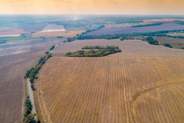Obraz premium Summer rural landscape, aerial view. View of plowed and green fields and road in the evening