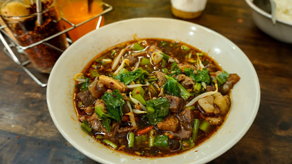 close up  the Thai style noodle soup , Boat culture noodles style.