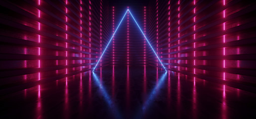 Neon Glowing Reflective Triangle Empty TUnnel Corridor Synthwave Background Purple Red Blue Electric Laser Beams Alien Spaceship Cyber 3D Rendering