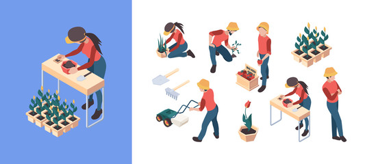 Agriculture isometric. Farmers and gardeners people gathering weeding vegetables farm animals farming vector persons outdoor work. Isometric farmer garden, agriculture and farming illustration