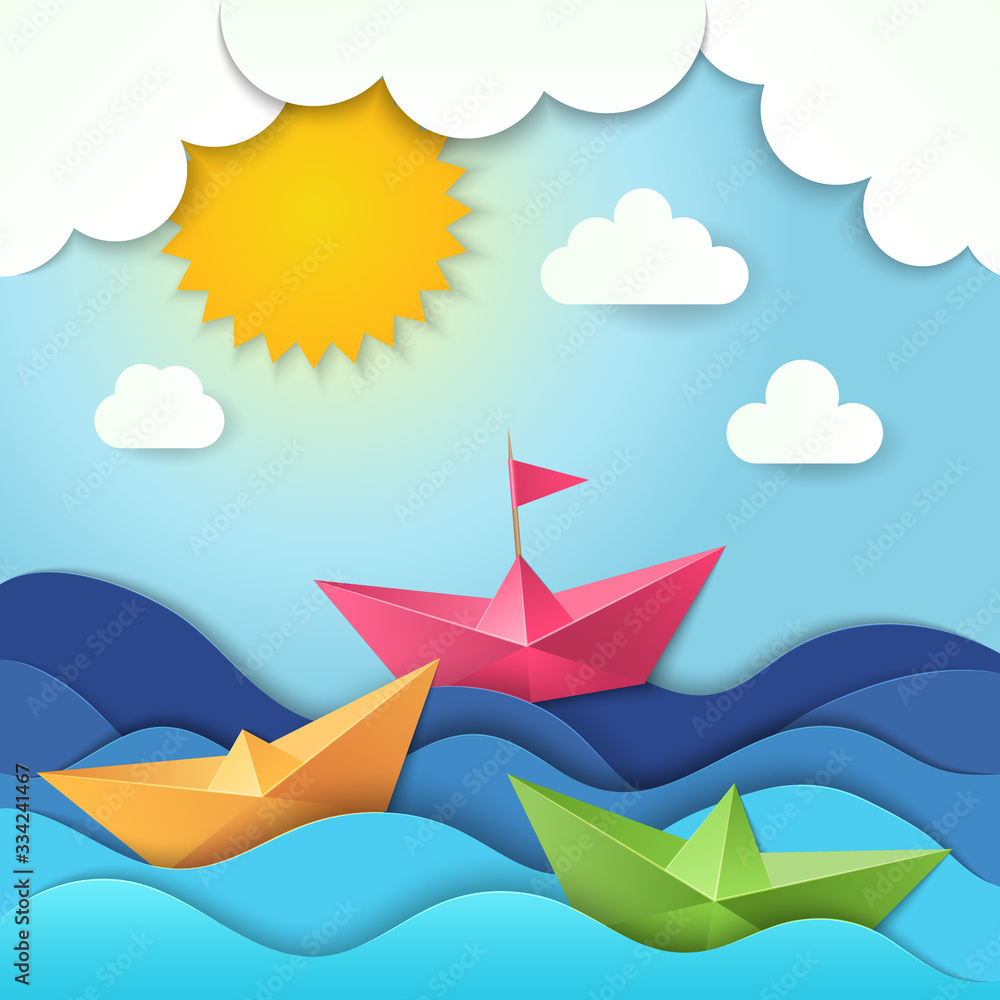 Poster Origami boat. Cut paper ocean waves shadows vector ship stylized illustration. Ocean boat in sea, ship origami on wave