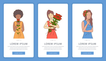 Flower shop mobile app screens. Flower day, woman day website template.
