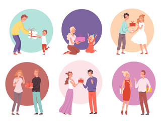 Giving gifts. Family presenting surprize for kids happy couples with gifts vector characters. Family present and celebration, holiday birthday with gifts illustration