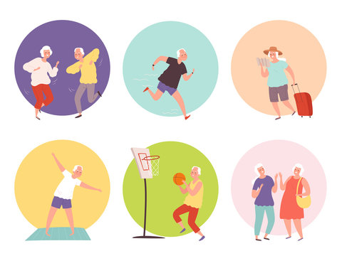Old people lifestyle. Happy elder persons seniors healthy activities. Vector characters action poses. Illustration happy people, grandmother and pensioner