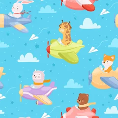 Wallpaper murals Animals in transport Airplane pattern. Animal kid characters in airplanes flying helicopter baby textile design vector seamless background. Aircraft, aviator toy in cloud and sky illustration