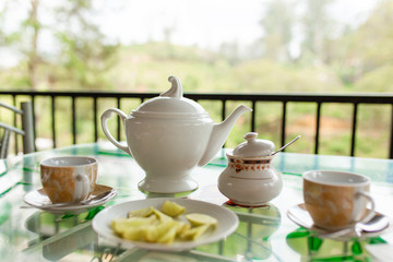 Breakfast with tea on sri lanka tea island.