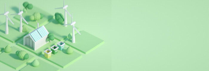 3d rendered illustration cartoon style, future ecological environment concept, passive house with energy saving and energy efficiency solar panels, wind mills on backround . low poly, space for text