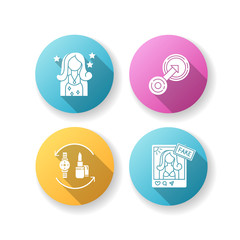 Fototapeta premium Social media influencer flat design long shadow glyph icons set. Popular female celebrity. Barter of fashion products. Fake influencer social media page. Silhouette RGB color illustration