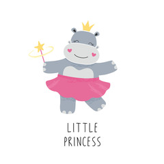 Cute little hippo princess. Animal character for kids print for t-shirts. Vector illustration isolated on a white background.