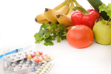 vegetables, fruits and herbs, medicines on a white background, tomato, lemon, lettuce, Apple, cucumber ,garlic, pepper, banana, parsley