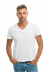 Shop mens casual clothing. Handsome man in casual style isolated on white. Casual fashion trends. Apparel store. Fashion and style. Feeling confident in casual clothes. Everyday wear