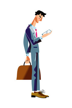 Vector characters man with bag and smartphone