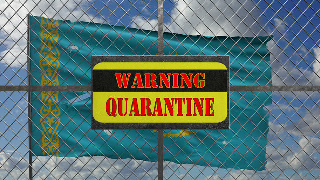 3d Illustration of iron gate with message "warning quarantine". Ragged Kazakhstan flag is waving in the wind.
