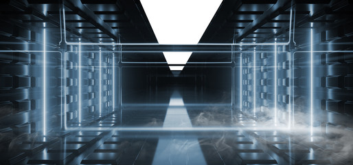 Smoke Sci Fi Futuristic Metal Reflective Schematic Textured Motherboard Floor Realistic Modern Neon Glowing Laser Lines Beams Blue Electric Shape Empty Background 3D Rendering