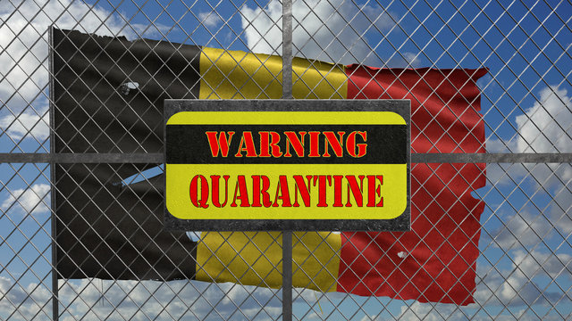 3d Illustration of iron gate with message "warning quarantine". Ragged Belgian flag is waving in the wind.