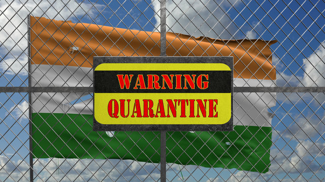 3d Illustration of iron gate with message "warning quarantine". Ragged Indian flag is waving in the wind.