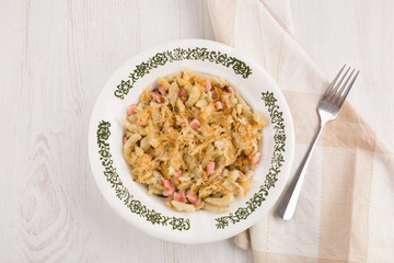 Traditional slovak food strapacky. Dumplings with bacon and sour cabbage.